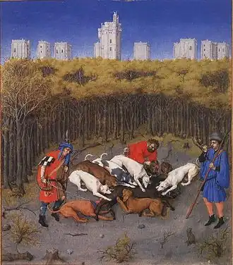 The château behind a boar hunt, by Limbourg Brothers or Barthélemy d'Eyck (1412–1416)