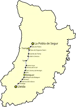 Route map of the Lleida–La Pobla Line within the province of Lleida.