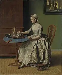Painting of a young woman sitting at a table, pouring chocolate into a cup