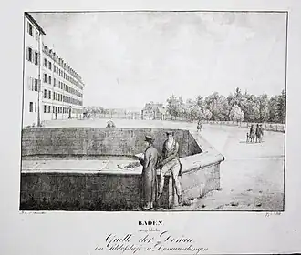 Donaueschingen Palace in 1826 before the rebuilding with the source of the Danube