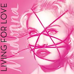 A pink photo of Madonna with strings going criss-cross over her face