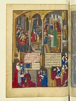 Miracles at Saint-Denis Abbey and dedication scene with Cardinal de Bourbon, f.83v.