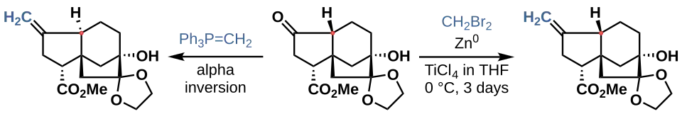 Studies undertaken by L. Lombardo determined that his modification of the Takai-Oshima procedure allowed for methylenation of an alpha-chiral gibberellin derivative without stereochemical inversion, which occurred using the analogous Wittig reagent.