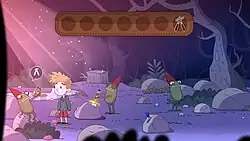 Three frogs in red hats surround a boy and a sword stuck in a rock