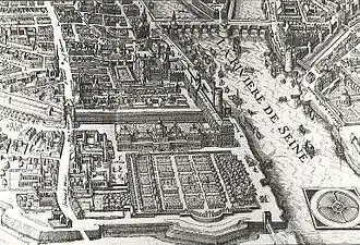 The Tuileries Palace (bottom) and its garden, in plan engraved by Matthäus Merian the Elder in 1615