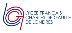 School logo featuring the name of the school and a design of blue and red lines