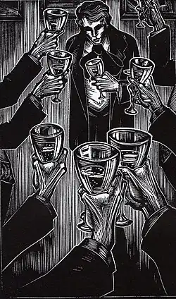 A black-and-white illustration. Framed by arms raising wineglasses, a dark figure stands at the top of the image, his eyes in shadows and with a depressed expression on his face.