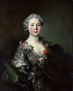 Louis Tocqué, between 1750 and 1759, probably Portrait of Mademoiselle de Coislin, oil on canvas, 79.4&nbsp;cm ×&nbsp;63.5&nbsp;cm (31.3&nbsp;in ×&nbsp;25.0&nbsp;in), National Gallery, London