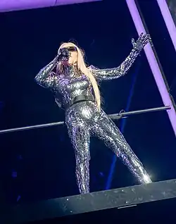 Lower view of Madonna on a high ledge