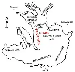 Map of the Padiș Plateau and surrounding area