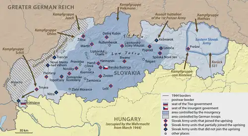 Map showing the situation in the first days of the Slovak National Uprising.