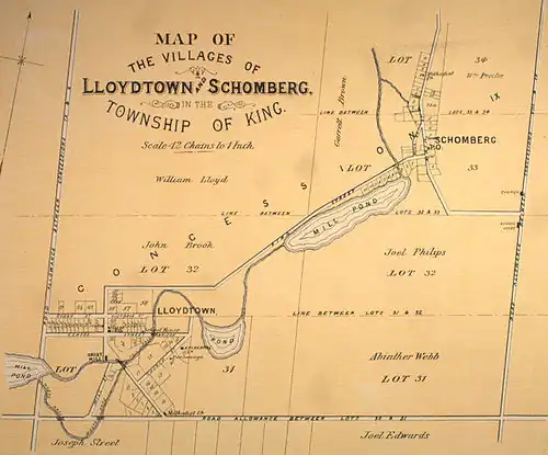 A map from 1878 showing lots 30-34 in King Township, including the communities of Lloydtown and Schomberg.