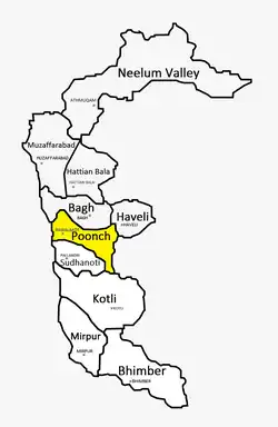 A map showing Poonch district shaded in Yellow along with Sudhanoti district
