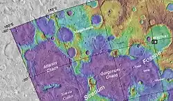 Map showing relative positions of Sirenum Fossae, Atlantis Chaos, Gorgonum Chaos, Magelhaens Crater and Simois Colles