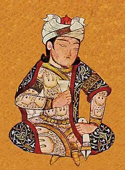 Prince with Turkic features and clothing (detail). Maqamat of al-Hariri 1334, probably Egypt.[4][5] Possible depiction of Sultan an-Nasir Muhammad,[6] who was himself of Kipchak (Turkic) and Mongol descent.[7]