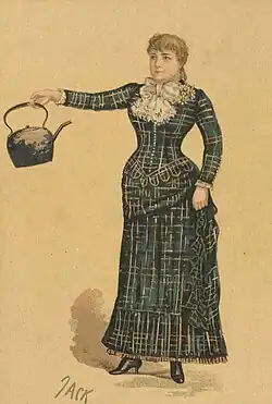 Young white woman in Victorian clothes, brandishing a kettle