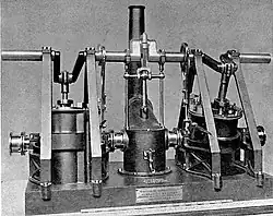 Model of a marine oscillating steam engine designed by Joseph Maudslay, clearly showing how the cylinders pivot on the trunnions, through which the steam is passed.
