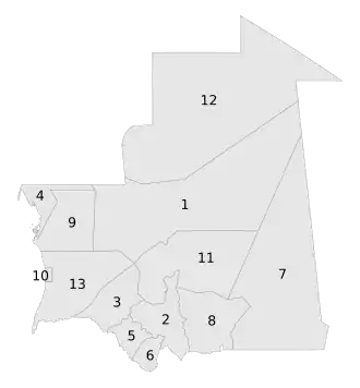 A clickable map of Mauritania exhibiting its twelve regions and one capital district.