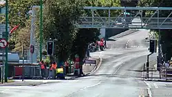 Pedestrian overbridge exiting Ramsey town centre, looking south-east towards May Hill
