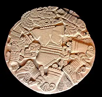 Coyolxauhqui Stone (Aztec); c. 1469–1481; stone; diameter: 3 m; Templo Mayor Museum (Mexico City)[72]