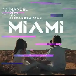 A picture of two men and women seated, holding hands in a desert. The song's title and artists are superimposed on them alongside violet horizontal stripes.