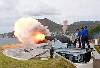 A restored 9 Inch MLR Gun being fired at the Middle North Battery overlooking the town.