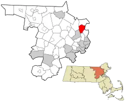 Location of Reading in Middlesex County, Massachusetts (left) and of Middlesex County in Massachusetts (right)