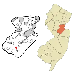 Map of Rossmoor highlighted within Middlesex County. Right: Location of Middlesex County in New Jersey.