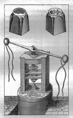 A mill for the production of 'milled' coins with both coin dies illustrated.