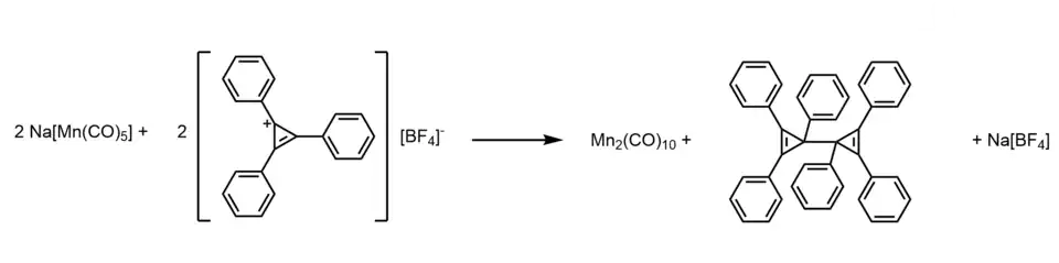 Synthesis of dimanganese decacarbonyl by reduction of cyclopropenium ion