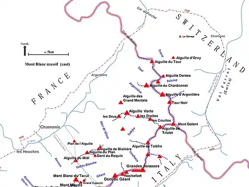 Map of the eastern half of the Mont Blanc massif, showing main summits, ridges and valleys