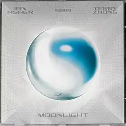 The cover art for "Moonlight": A gray sphere with white and blue highlights on top of a backdrop of a space with square pattern walls topped with white overlay. The song's title is written at the bottom part of the image, while the artists' names are at the top.