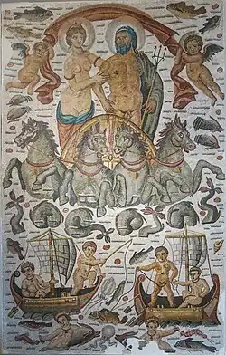 Triumph of Poseidon and Amphitrite showing the couple in procession, detail of a vast mosaic from Cirta, Roman Africa (c. 315–325 AD, now at the Louvre)