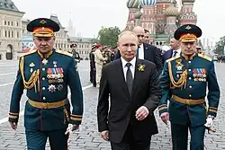 President Putin (center), General Shoigu (left) and General Salyukov (right) walking to the Tomb of the Unknown Soldier.