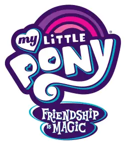Logo for the television series "My Little Pony: Friendship is Magic". The words "My Little Pony", and beneath them a subtitle reading "Friendship is Magic. There is a pink, magenta and red rainbow behind the words.