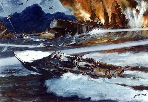 Artwork depicting a US patrol torpedo boat torpedoing a Japanese ship in the Philippines during World War II