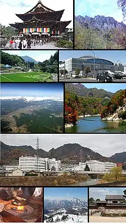 From top of left, Zenkoji, Mount Togakushi, Kinasa village, Nagano Big Hat arena, Aerial in Kawanakajima, Susobana Valley&nbsp;[ja], headquarters of Marukome (famous miso manufacturing company) in Nagano, Oyaki Japanese sweets a.k.a. Imagawayaki, Togakushi ski resort&nbsp;[ja], and Matsushiro Castle