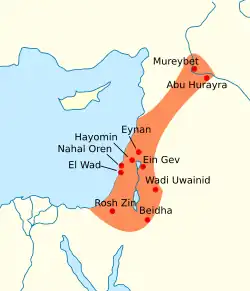 A map of the Levant with Natufian regions across present-day Israel, Palestine, Jordan, and a long arm extending into Lebanon and Syria