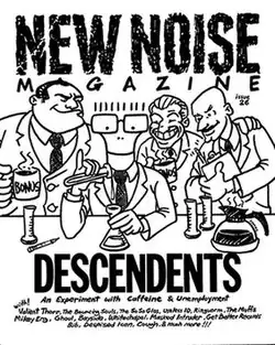 A white magazine cover with black ink drawing of four people.