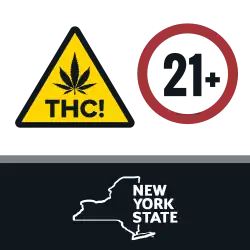 A symbol containing a yellow diamond on the left with black outlines with a black marijuana leaf inside next to a red outlined circle with the "21+" written inside, below the two icons is a black bar with a white outline of the New York state map and "New York State" written in white