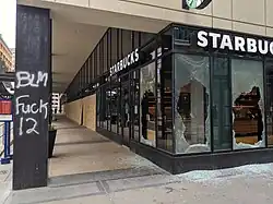 A damaged coffee shop in Minneapolis, Minnesota on May 29
