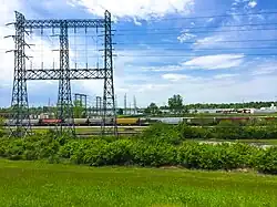A view of a trainyard in North Riverfront, St. Louis as seen from the St. Louis Riverfront Trail, May 2018