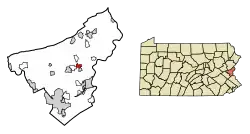 Location of Stockertown in Northampton County, Pennsylvania (left) and of Northampton County in Pennsylvania (right)