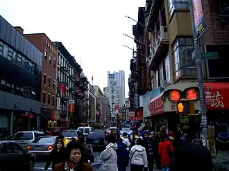 Crossing Canal Street in Chinatown, facing Mott Street toward the south