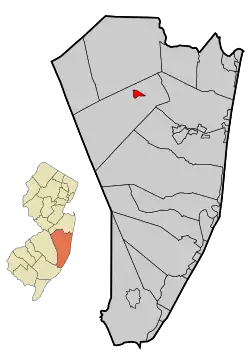 Location of Lakehurst in Ocean County highlighted in red (right). Inset map: Location of Ocean County in New Jersey highlighted in orange (left).