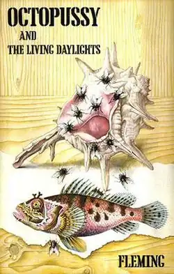 A book cover showing a conch shell and fish; both are covered in flies