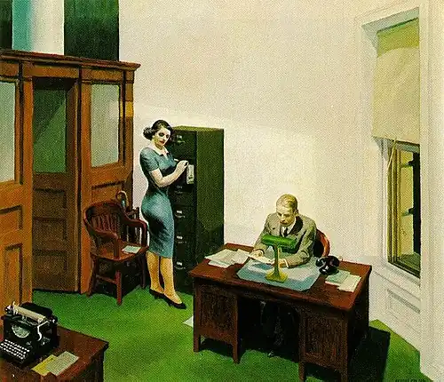 A man works at his desk while a woman stands at a filing cabinet under dramatic lighting