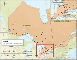 Map of the Métis community councils managed by the Métis Nation of Ontario which represent Métis people at the local level.