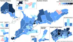 Change in Progressive Conservative vote share by riding compared to the 2014 Ontario election.