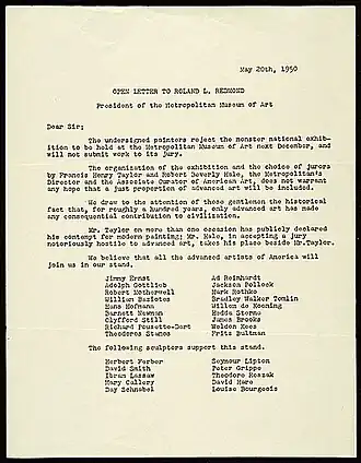 A letter with a small section of body text followed by two sections of typed signatures, one for painters, the other for sculptors